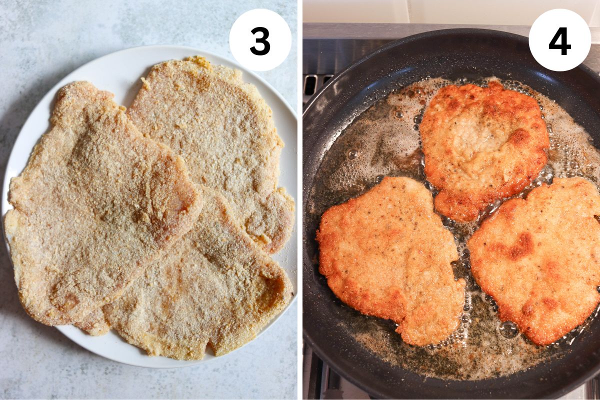 Left: Three kotlet schabowy cutlets on a white plate labeled “3.” Right: Three breaded kotlet schabowy cutlets frying in oil in a skillet labeled “4.”.