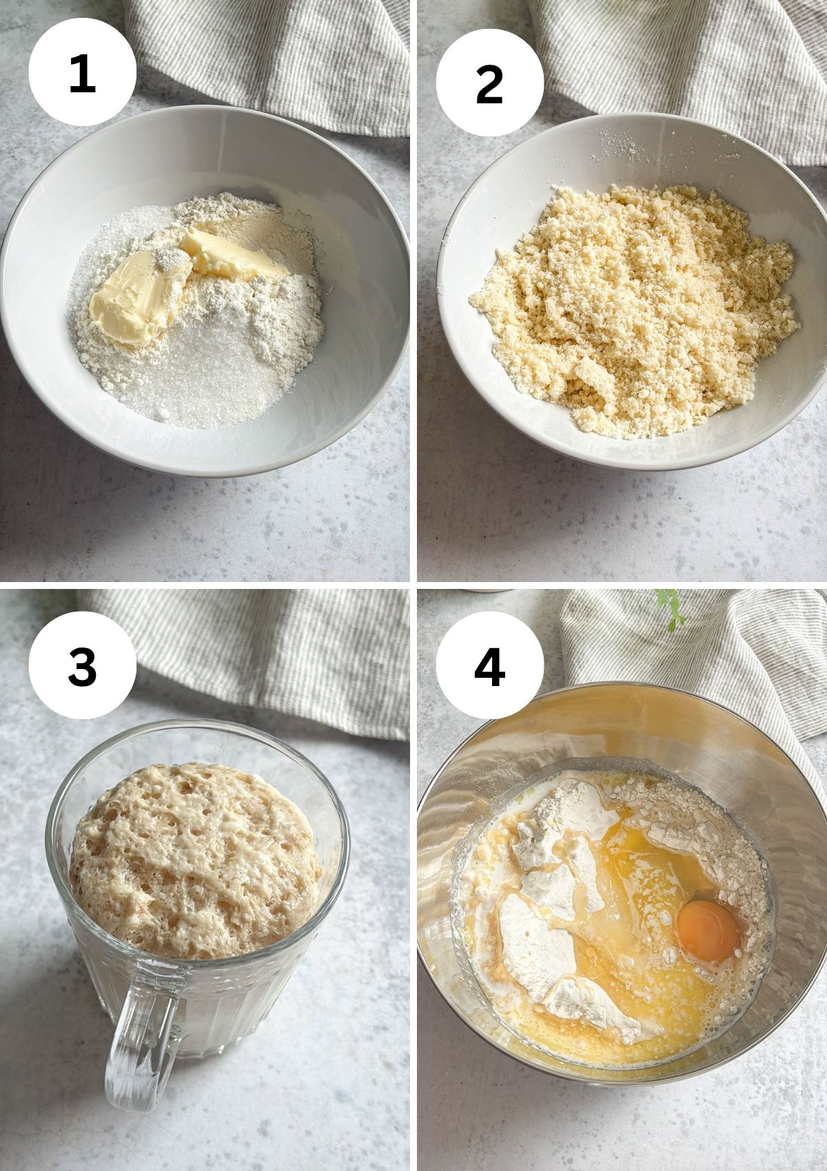 Four-step collage for making Polish sweet rolls drożdżówki: 1) Flour and butter in a bowl. 2) Crumbly flour-butter mix. 3) Frothy yeast mixture in a glass. 4) Flour, egg, and yeast in a bowl.