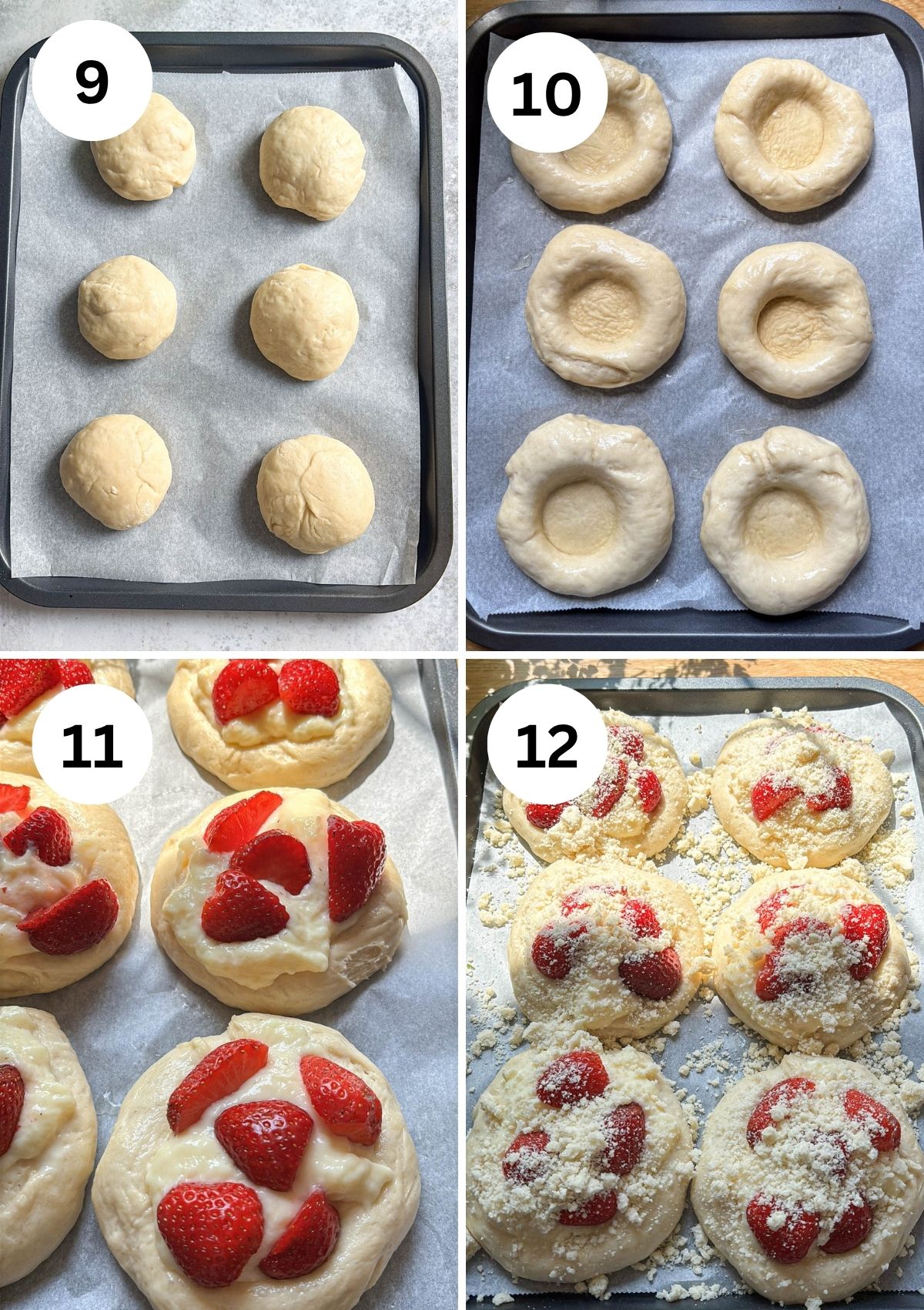 Four images show the steps of making Polish sweet rolls drożdżówki with strawberries: dough balls, indented dough, dough filled with cream and strawberries, then topped with crumble—all arranged on baking sheets lined with parchment paper.