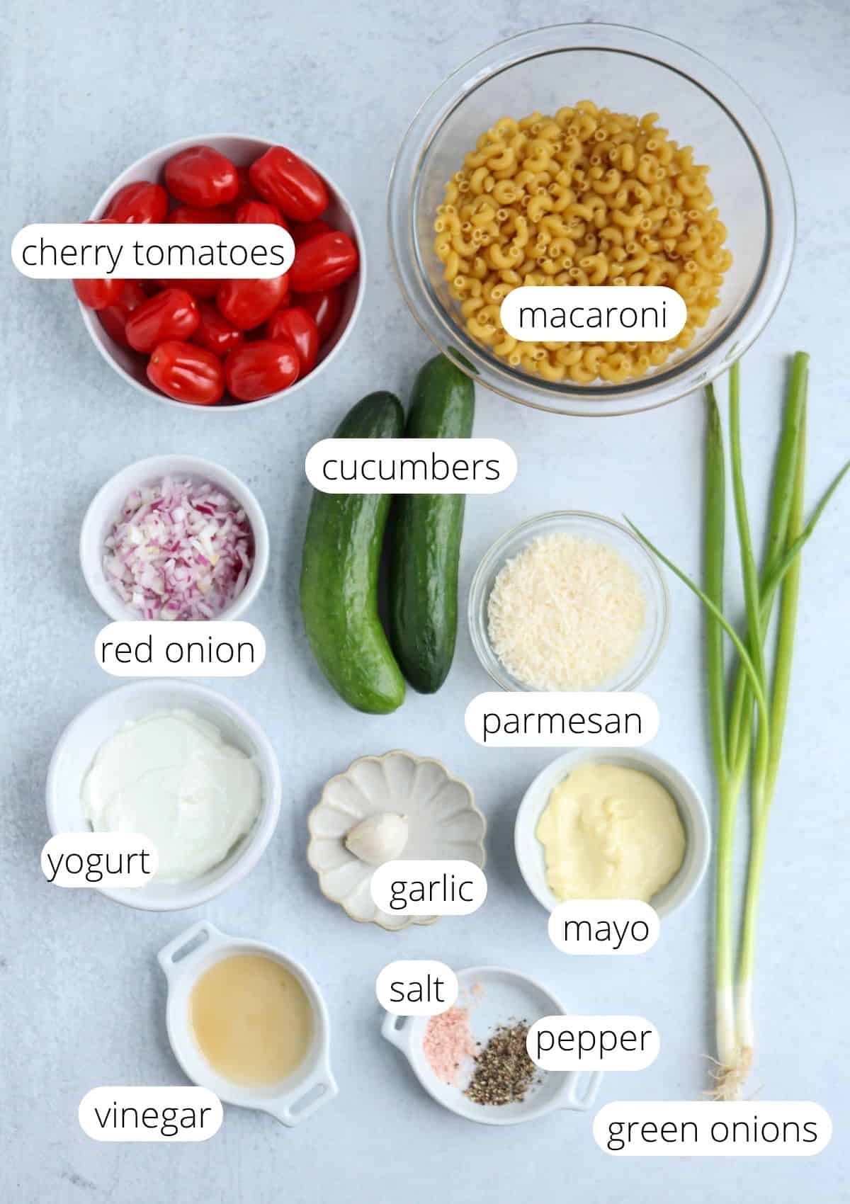 Top-down view of labeled ingredients for a tomato cucumber pasta salad, including cherry tomatoes, macaroni, cucumbers, red onion, parmesan, yogurt, garlic, salt, pepper, mayo, vinegar, and green onions on a light surface.