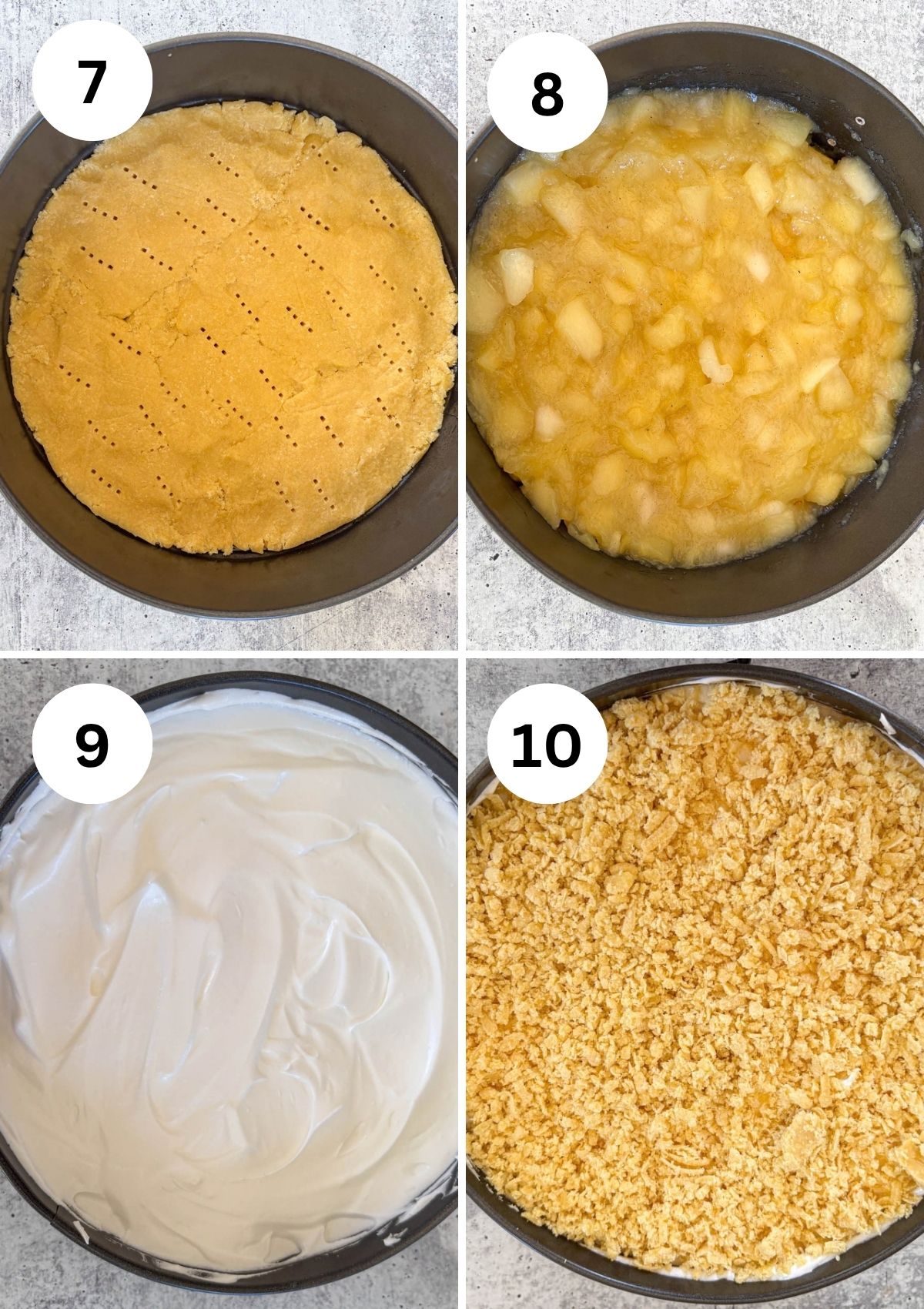 Four-step collage: 7 shows a pie crust with fork marks, 8 displays Polish apple pie filling on the crust, 9 is a layer of whipped cream, and 10 has crumbly topping covering the pie in a round pan.