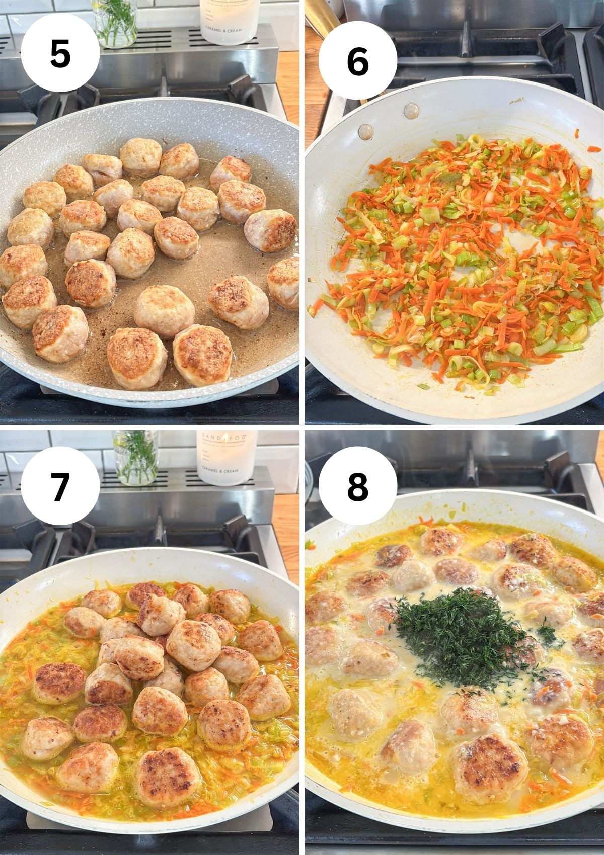 A four-panel collage showing the preparation of chicken meatballs: browning the meat in a pan, sautéing shredded carrots and leeks, adding the meatballs to the vegetables, and simmering them in a creamy sauce topped with fresh dill.