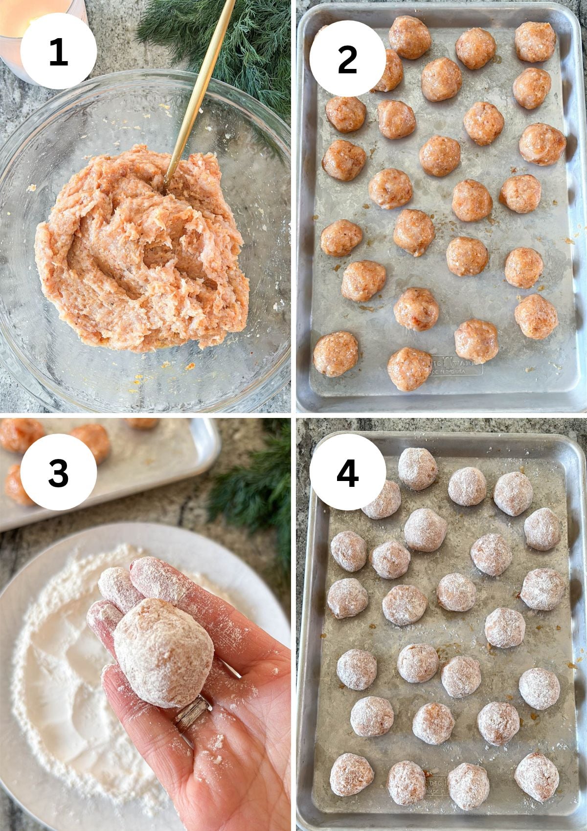 A four-panel collage showing the process of making chicken meatballs: raw meat mixture in a bowl, shaped meatballs on a baking sheet, dredging a meatball in flour, and the floured meatballs arranged on a baking sheet.