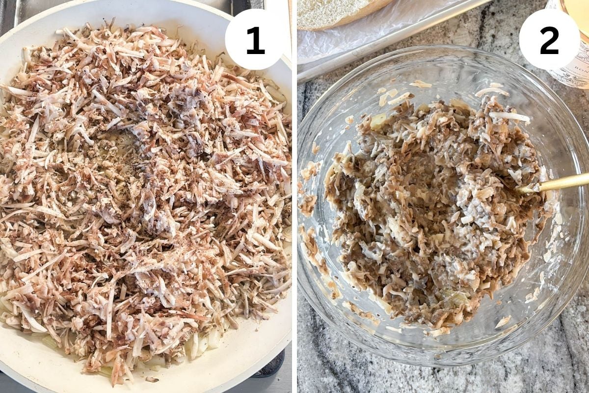 Shredded mushrooms cooking in a skillet, followed by the meat tossed in a creamy sauce in a glass bowl.