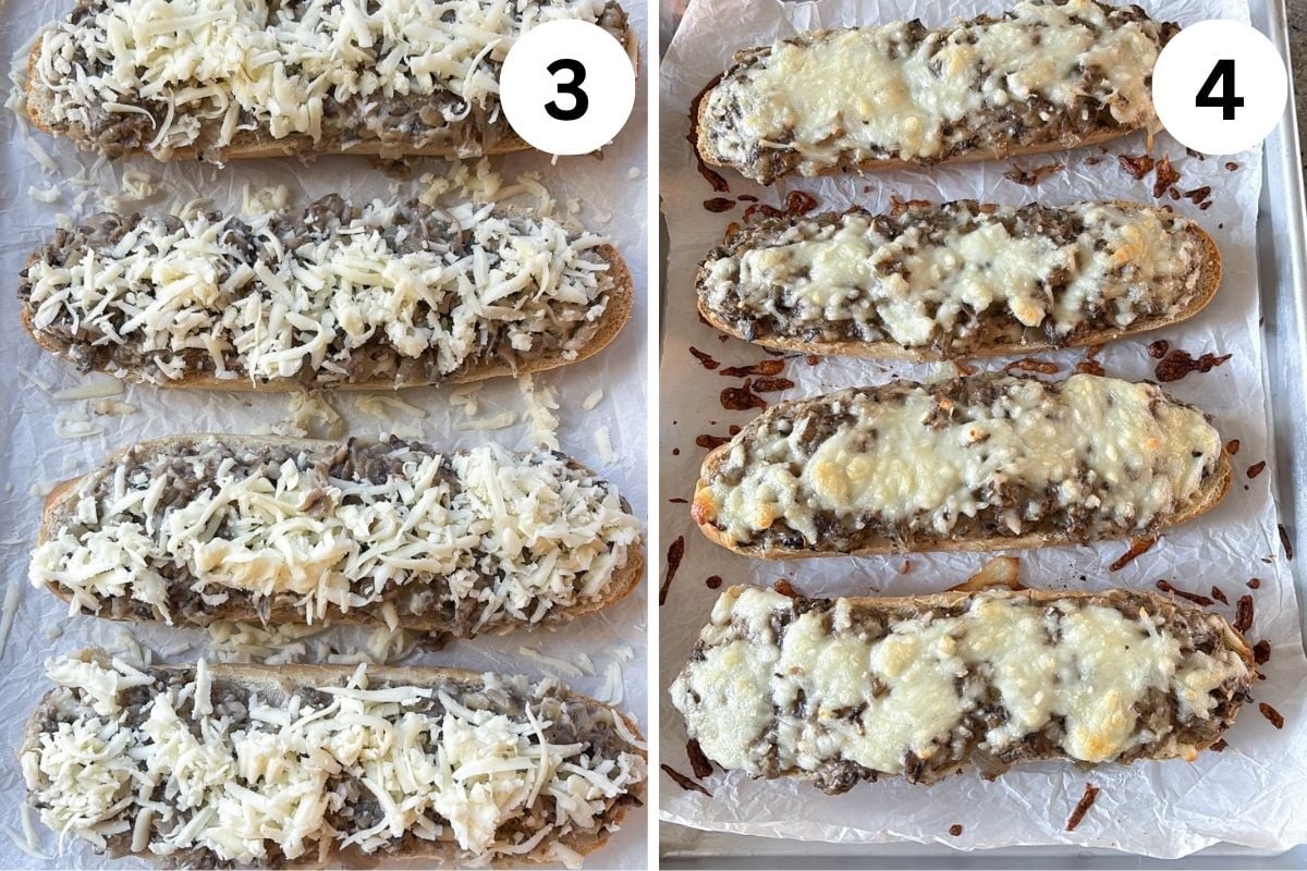 Four split baguettes topped with a mushroom mixture and shredded cheese, shown before baking in step three and after baking in step four.